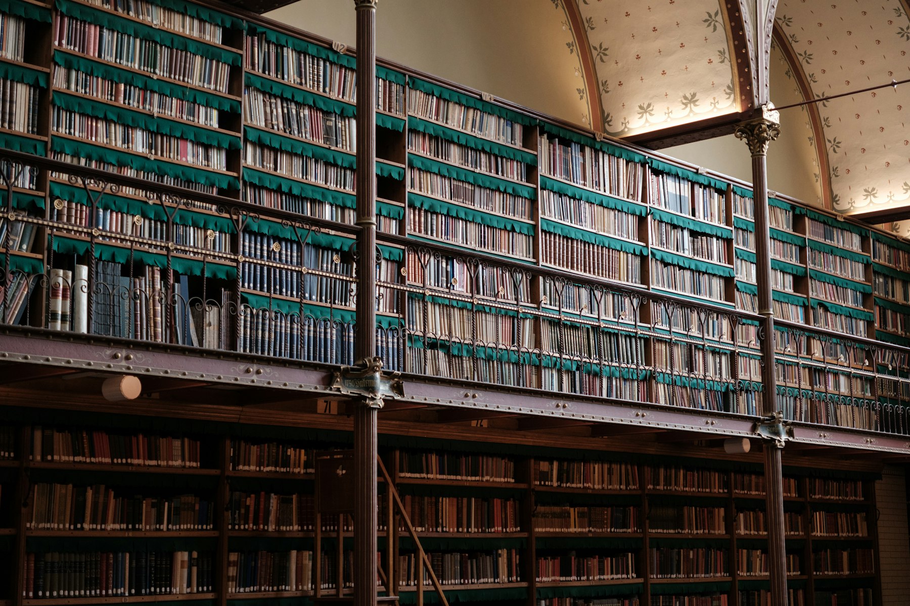 Tall library shelves densely stacked with bound volumes, evoking meticulous record-keeping.